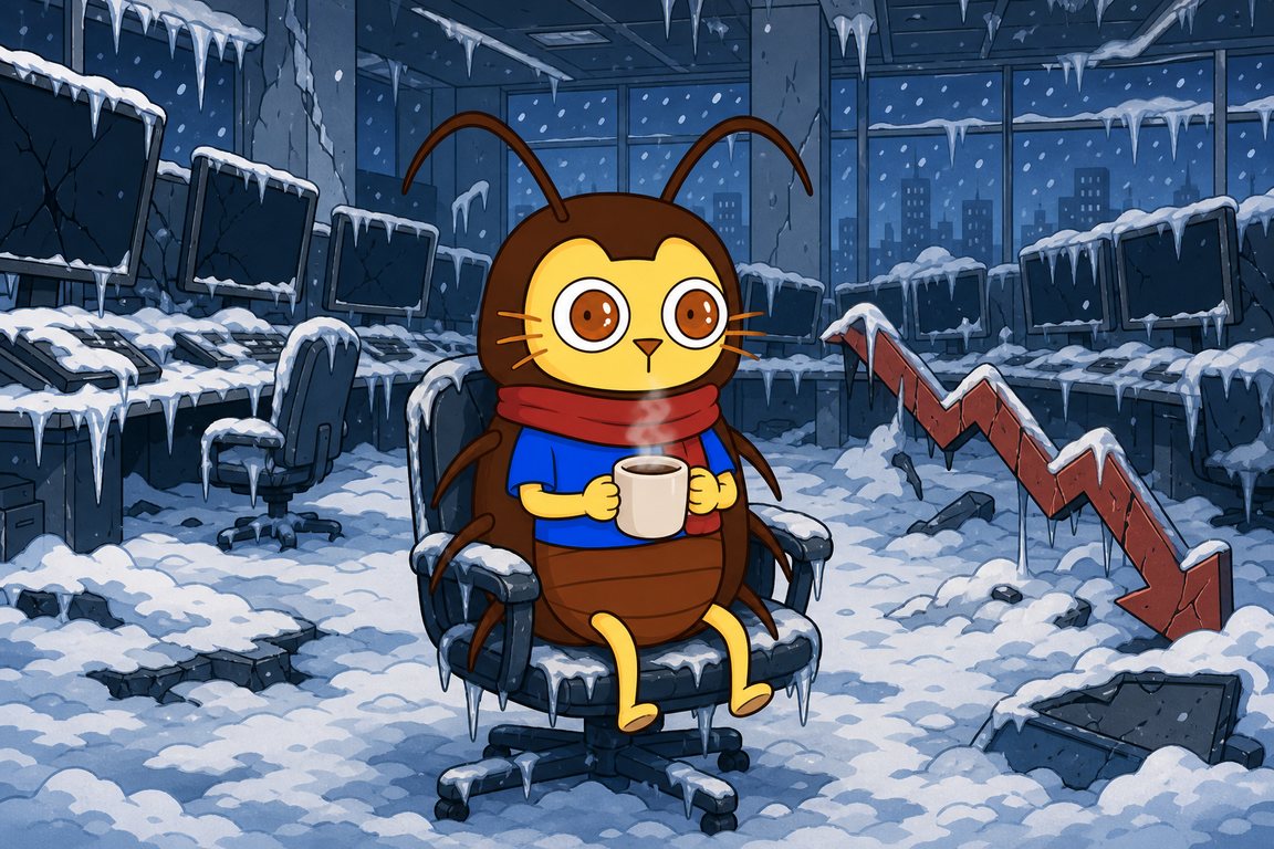 Roach sipping coffee in a frozen, abandoned trading floor