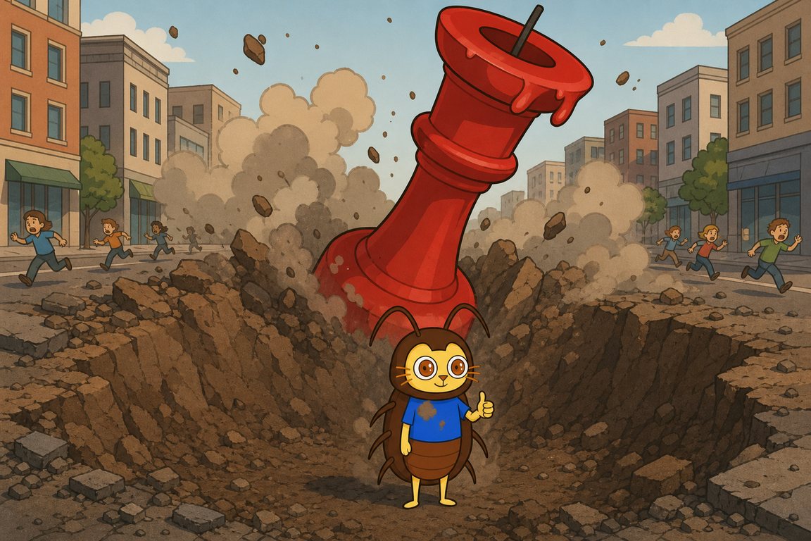 Roach standing unhurt in a crater made by a falling red candle