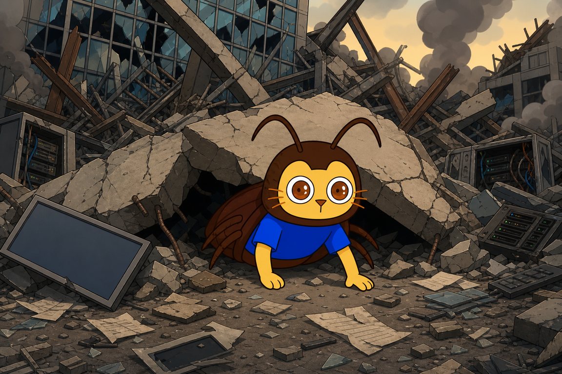 Roach crawling out of the rubble of a collapsed exchange tower