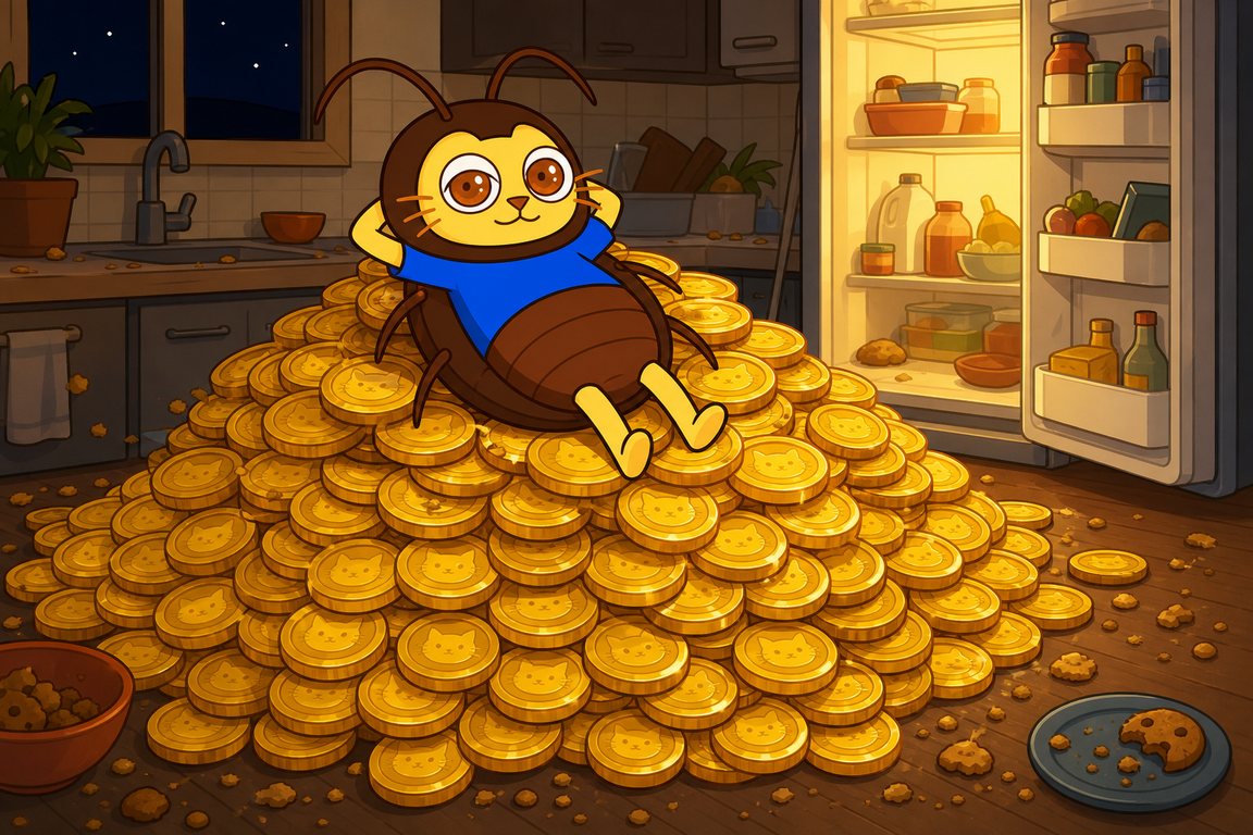 Roach lounging on a mountain of gold CETS coins in a kitchen at night